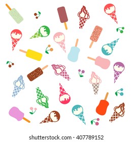 Colorful picture of various kinds of delicious ice cream on a white background