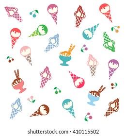 Colorful picture of various kinds of delicious ice cream on a white background