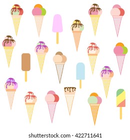 Colorful picture of various kinds of delicious ice cream on a white background