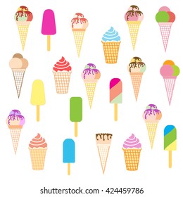 Colorful picture of various kinds of delicious ice cream on a white background