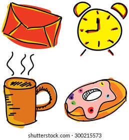 Colorful pictures with alarm clock, coffee cup and donut on isolated white background