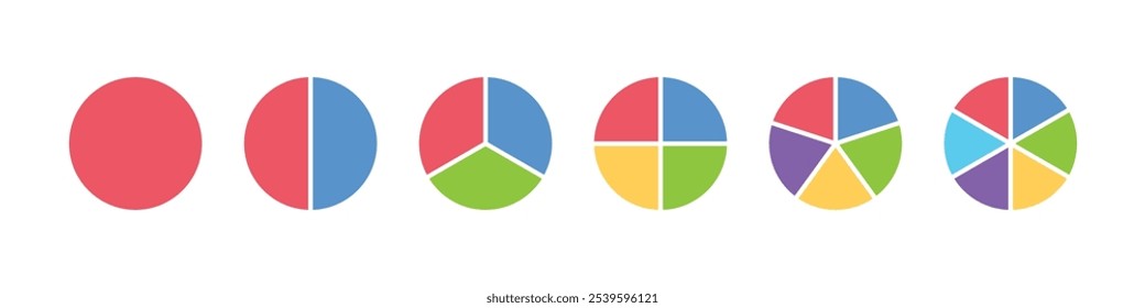 Conjunto de iconos de infografía de división de círculo o gráfico circular colorido. Dividido en 2,3,4,5,6 partes iguales. Diagrama redondo de la pizza o de la rosquilla del color. Infografía del segmento y fracción de la rueda.