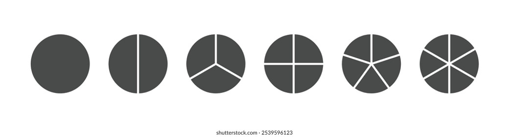 Colorful Pie chart or Circle division infographic icon set. Divided  into 2,3,4,5,6 equal parts. Color pizza or donut round diagram. Infographic wheel segment and fraction.