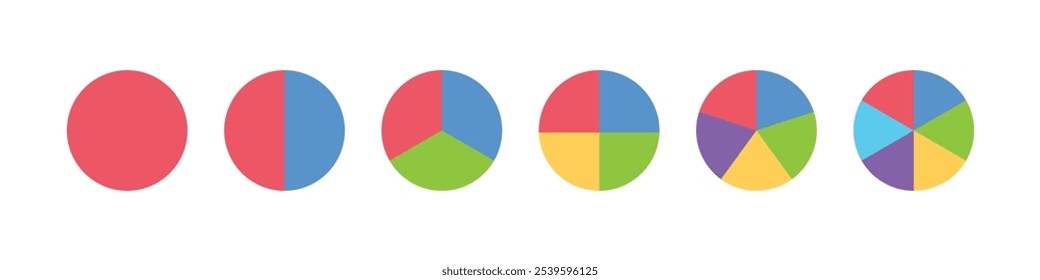 Conjunto de iconos de infografía de división de círculo o gráfico circular colorido. Dividido en 2,3,4,5,6 partes iguales. Diagrama redondo de la pizza o de la rosquilla del color. Infografía del segmento y fracción de la rueda.