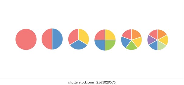 Colorful Pie chart or Circle division infographic icon set. Divided into 2,3,4,5,6 equal parts. Color pizza or donut round diagram. Infographic wheel segment and fraction