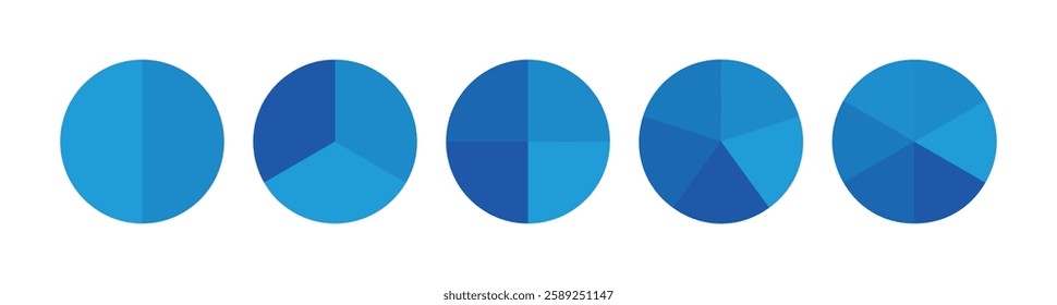 Colorful Pie chart or Circle division infographic icon set. Divided into 2,3,4,5,6 equal parts. Color pizza or donut round diagram. Infographic wheel segment and fraction.	