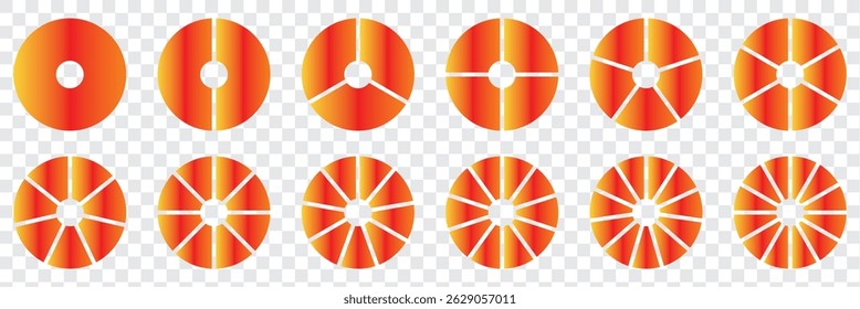 Colorful Pie chart or Circle division infographic icon set. Divided into 2,3,4,5,6 equal parts. Infographic element round shape. Vector eps 10