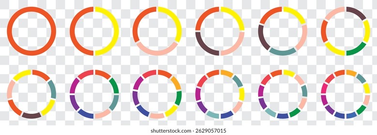 Colorful Pie chart or Circle division infographic icon set. Divided into 2,3,4,5,6 equal parts. Infographic element round shape. Vector eps 10