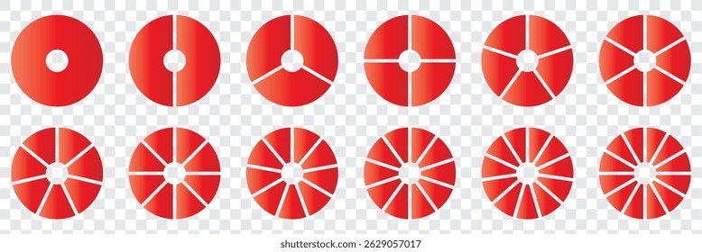 Colorful Pie chart or Circle division infographic icon set. Divided into 2,3,4,5,6 equal parts. Infographic element round shape. Vector eps 10