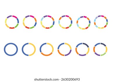 Colorful pie chart collection with 3,4,5,6 and 7,8 sections or steps
