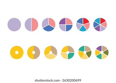Colorful pie chart collection with 3,4,5,6 and 7,8 sections or steps