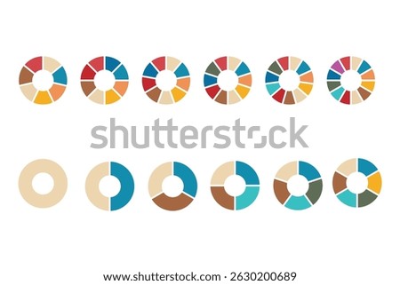 Colorful pie chart collection with 3,4,5,6 and 7,8 sections or steps