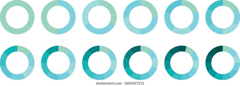 Colorful Pie chart divided 1, 3, 6, 9, 12 equal parts. Pie chart vector. Infographic. Segmented circle icons for data, web design, banner with sections or parts. Circle diagram set. Pie chart set.