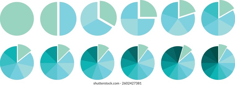 Colorful Pie chart divided 1, 3, 6, 9, 12 equal parts. Infographic. Segmented circle icons for data, web design, banner with sections or parts. Circle diagram set. Pie chart set. Pie chart vector.
