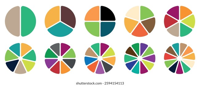 Colorful Pie chart divided 2, 3, 4, 5,6, 7,8, 9, 10, 11,12 equal parts. Different color circles isolated. Infographic element round shape. 