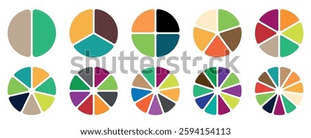 Colorful Pie chart divided 2, 3, 4, 5,6, 7,8, 9, 10, 11,12 equal parts. Different color circles isolated. Infographic element round shape. 