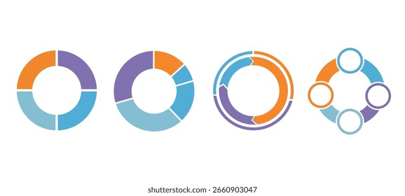 Farbiges Tortendiagramm und Donut-Diagrammsatz, Tortendiagramm-Set Kreisdiagramm, Kreissymbole für Infografik, Tortenkreis, Flacher Prozesszyklus, Fortschrittssektoren