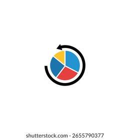 Icono de gráfico circular colorido con una flecha circular que simboliza el análisis de datos, los ciclos comerciales y el flujo continuo de procesos.