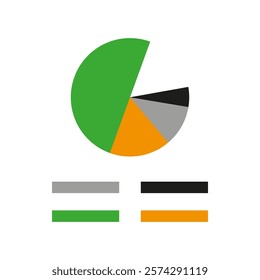 Colorful pie chart. Segment division design. Data representation graphic. Green, orange, black parts.