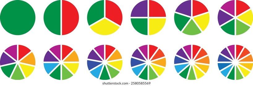 Colorful Pie chart set. Pie charts diagrams. Set of different color circles isolated. Infographic element round shape. 2,3,4,5,6,7,8,9,10,11,12 sections or steps. Pie chart circle. Vector illustration