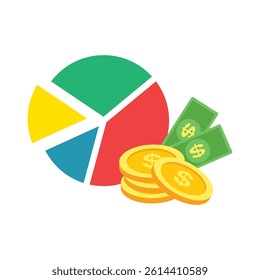 Colorful Pie Chart Showing Financial Distribution with Gold Coins and Green Dollar Bills