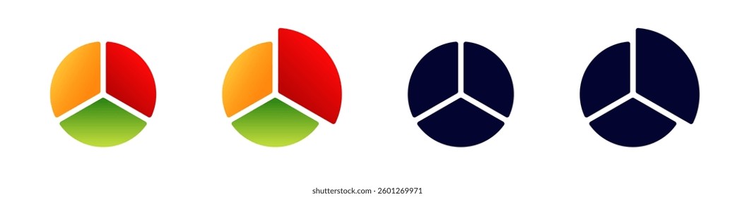 Colorful pie chart with three sections transitioning to solid black icons, showcasing a visual comparison.