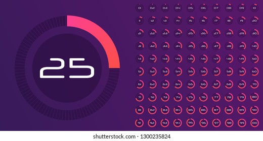 Colorful pie charts. Circular interval timer. Percentage vector infographics. Business infographics. Loading and buffering percentage icon set. 