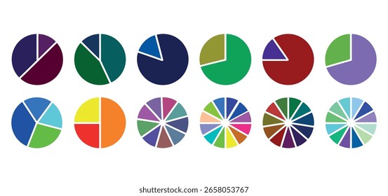 Colorful Pie Charts Displaying Data Distribution. Colorful pie chart collection for business reports and data analysis presentations, modern infographics resource. 
