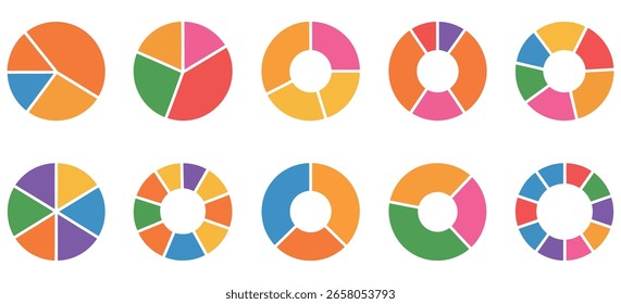 Gráficos De Pizza Coloridos Exibindo Distribuição De Dados. Coleta de gráfico de pizza colorida para relatórios de negócios e apresentações de análise de dados, recursos de infográficos modernos. 