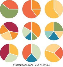 Gráficos de pizza coloridos que representam dados com diferentes segmentos e porcentagens