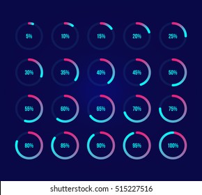 Colorful pie charts. Ux percent download, dashboard for app, web. Performance analysis percent. Set of bright blue percentage diagrams. Modern infographic elements. 10 percent graphs, dark background