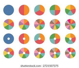 Colorful pie charts vector. Data visualization and statistical infographic graphs. Pie chart color icons. Pie chart sign. Circle section graph. Wheel round diagram parts. Pie charts data, charts infographic