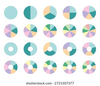 Colorful pie charts vector. Data visualization and statistical infographic graphs. Pie chart color icons. Pie chart sign. Circle section graph. Wheel round diagram parts. Pie charts data, charts infographic
