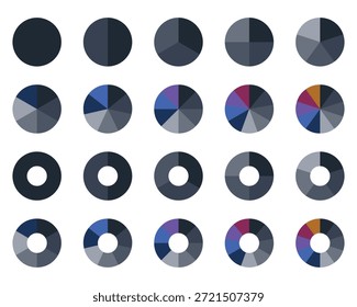 Vector de gráficos de pastel de colores. Visualización de datos e infografías estadísticas. Iconos de color de gráfico circular. Cartel de gráfico circular. Gráfico de sección circular. Piezas del diagrama redondo de la rueda. Datos de gráficos circulares, infografía de gráficos