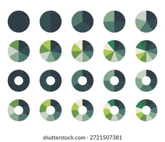 Colorful pie charts vector. Data visualization and statistical infographic graphs. Pie chart color icons. Pie chart sign. Circle section graph. Wheel round diagram parts. Pie charts data, charts infographic