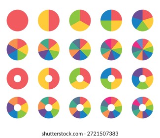 Colorful pie charts vector. Data visualization and statistical infographic graphs. Pie chart color icons. Pie chart sign. Circle section graph. Wheel round diagram parts. Pie charts data, charts infographic
