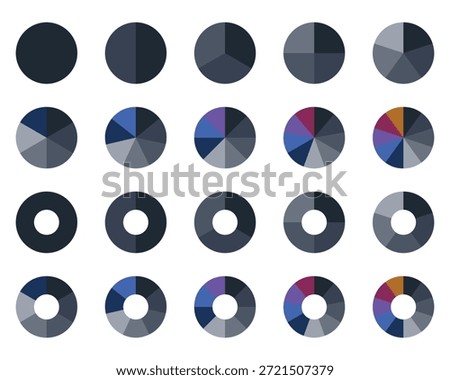Colorful pie charts vector. Data visualization and statistical infographic graphs. Pie chart color icons. Pie chart sign. Circle section graph. Wheel round diagram parts. Pie charts data, charts infographic