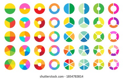 Colorful pie and donut chart collection for business infographic. Circle sections and round donuts pieces.
