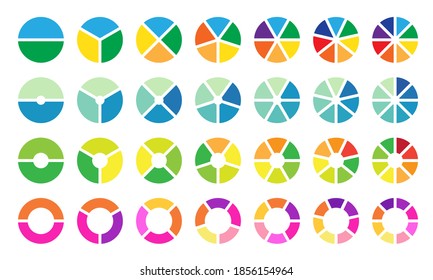 Colorful pie and donut chart collection for business infographic. Circle sections and round donuts pieces.