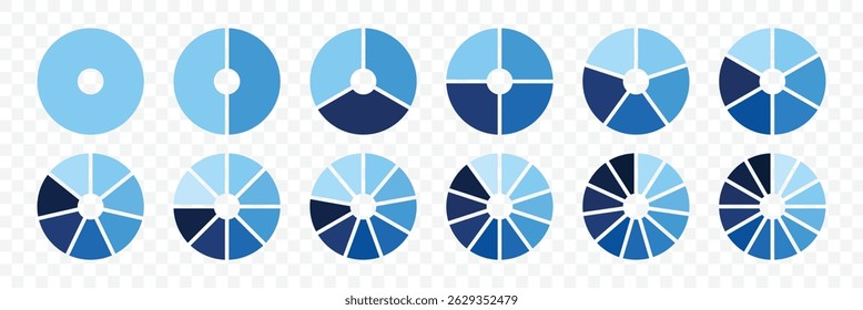 Colorful pie and donut charts. Business infographic vector set. Infographic wheel segment and fraction. Piechart information template. Presentation chat set. Vector illustration.