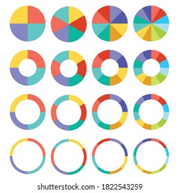 Colorful pie and donuts charts. Circle chart, circle sections and round donuts chart pieces. Business info graphic vector set. Pie chart information template for business workflow and annual reports