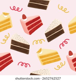 Colorful pieces of cake seamless pattern, vector  illustration. Design ideal for packaging, textile prints, party supplies, greeting cards, and bakery branding.