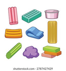 Colorful pieces of modeling clay in various shapes and forms, including blocks, rolls, and a container, arranged on a white background, inviting creative play and artistic development