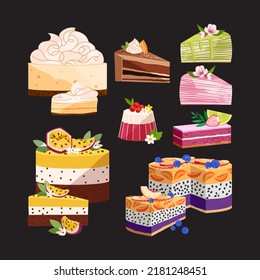Colorful pieces of mousse and crepe cake, cheesecake vector set. Cute fruit pastry flat style illustration. Layered dessert