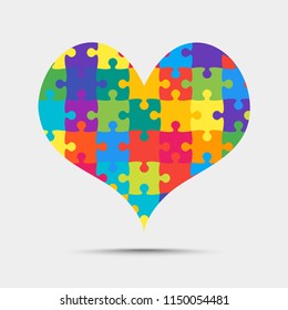 Colorful pieces puzzle of heart. Icon, logotype, logo vector puzzle illustration. Jigsaw on Valentine Day. Love, medical, relationship symbol. Autism awareness. Jigsaw slices, pieces, parts heart.
