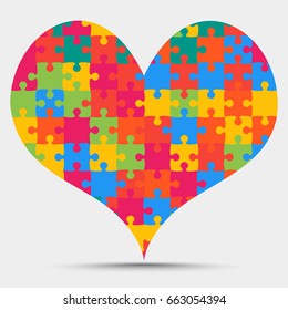 Colorful pieces puzzle of heart. Icon, logotype, logo vector puzzle illustration. Jigsaw on Valentine Day. Love, medical, relationship symbol. Autism awareness. Jigsaw slices, pieces, parts heart.