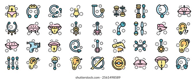 Colorful piercing icons represent various types of body piercings, jewelry, and tools used in the piercing process