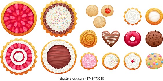 Colorful pies, cakes and cookies icons set. Sweet bakery vector illustration.