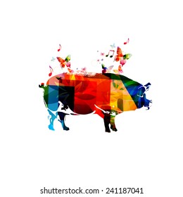 Colorful pig design with butterflies