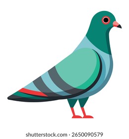 Ilustração colorida do vetor do pombo, Clipart do pássaro do estilo plano, Uma ilustração geométrica estilizada de um pombo com um corpo azul-petróleo, asas cinzentas, e olhos e pés vermelhos, ajustados contra um fundo branco limpo.